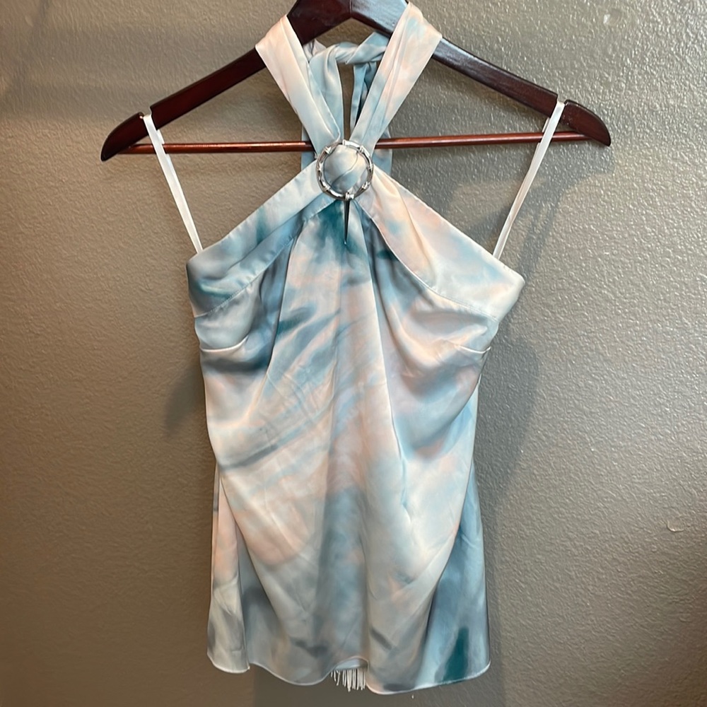 Halter top, satiny feel, marble print in blue, cream and pale pink.